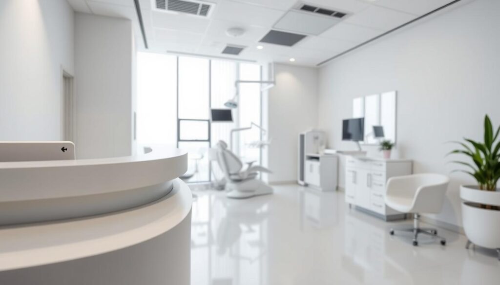 A modern dental clinic interior with clean, minimalist design. A receptionist's desk in the foreground, crisp white walls, and sleek, contemporary furniture. The middle ground features dental chairs and equipment neatly arranged, conveying a sense of professionalism and efficiency. In the background, a large window floods the space with natural light, creating a calming, inviting atmosphere. The lighting is soft and diffused, accentuating the clinic's high-tech yet welcoming ambiance. Overall, the image should communicate the concept of "Gerenciamento Clínica Odontológica" - a well-organized, technology-driven dental practice focused on patient comfort and care.