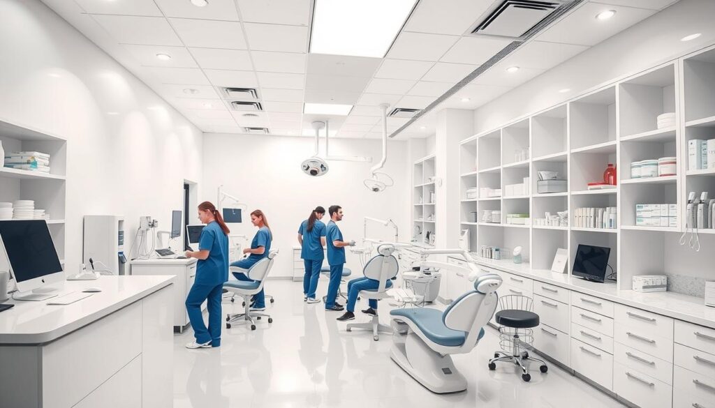 A modern dental clinic interior with efficient workflow. Bright, clean space with white walls, sleek dental chairs, and state-of-the-art equipment. Dentists and staff in scrubs move purposefully, attending to patients. Soft lighting from overhead fixtures creates a calming ambiance. A reception desk in the foreground welcomes patients, while various medical supplies and tools are neatly organized on shelves in the background. The clinic exudes professionalism, organization, and a patient-centric approach to dental care.