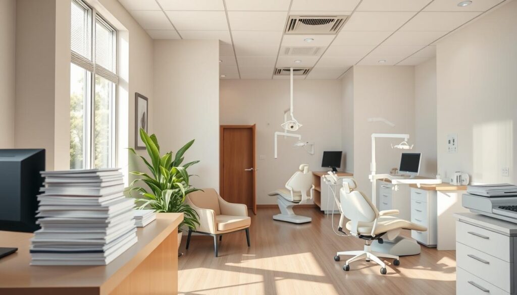 A modern dental clinic interior with natural lighting, warm tones, and a calming atmosphere. In the foreground, a receptionist desk with a computer and stacks of patient files. In the middle ground, a waiting area with comfortable chairs and a potted plant. In the background, examination rooms with advanced dental equipment, dental chairs, and a sterilization station. The overall scene conveys the challenges of managing a well-organized, efficient, and patient-centered dental practice.