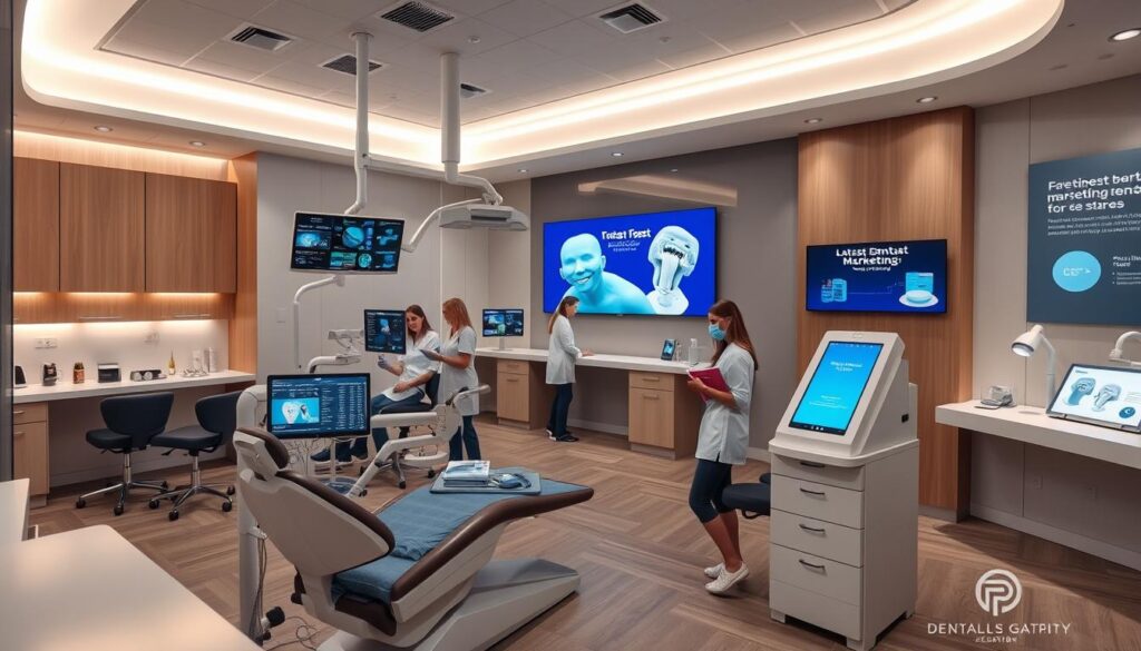 A modern dental clinic interior with sleek furnishings and state-of-the-art equipment. The foreground features a dentist's chair and a patient undergoing a procedure, surrounded by digital screens displaying patient data and treatment plans. In the middle ground, dental hygienists and assistants work efficiently, using advanced tools and technologies. The background showcases a minimalist, well-lit reception area with a touchscreen kiosk and informative digital displays highlighting the latest dental marketing trends and services. The overall atmosphere conveys professionalism, innovation, and a commitment to patient-centric care.
