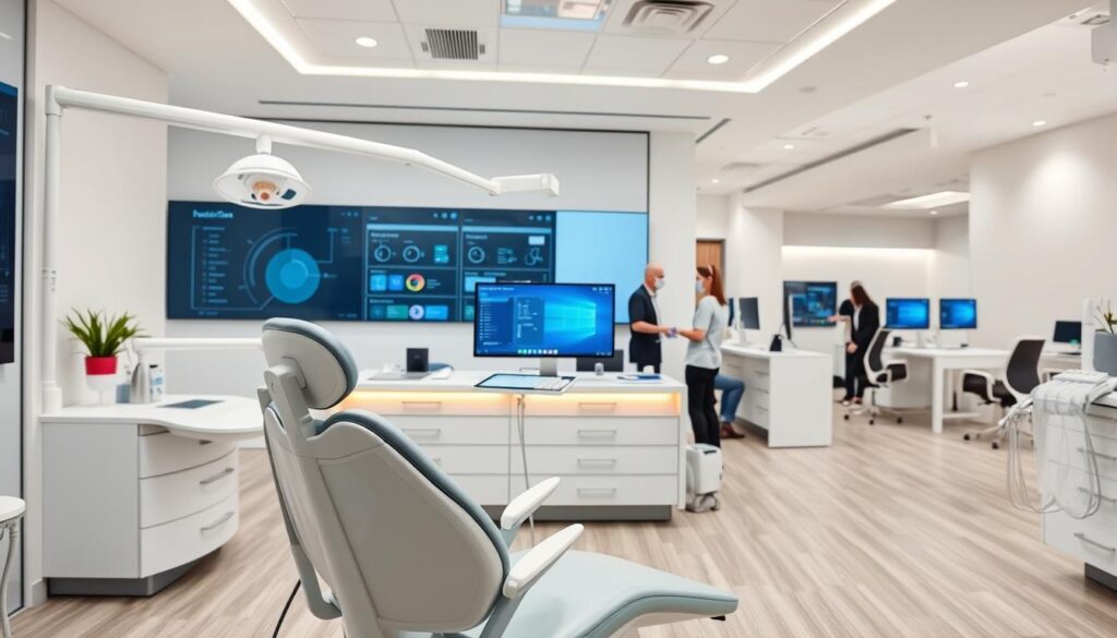 A modern dental clinic interior with sleek, minimalist design. In the foreground, a state-of-the-art dental chair with ergonomic features and advanced technology. The middle ground showcases a reception desk with a touchscreen display and staff efficiently managing patient records and appointments. In the background, a clean, well-lit open-plan layout with collaborative workstations and digital screens showcasing practice analytics and workflow optimization. The atmosphere is calm, professional, and speaks to the seamless integration of automation and technology in dental practice management.