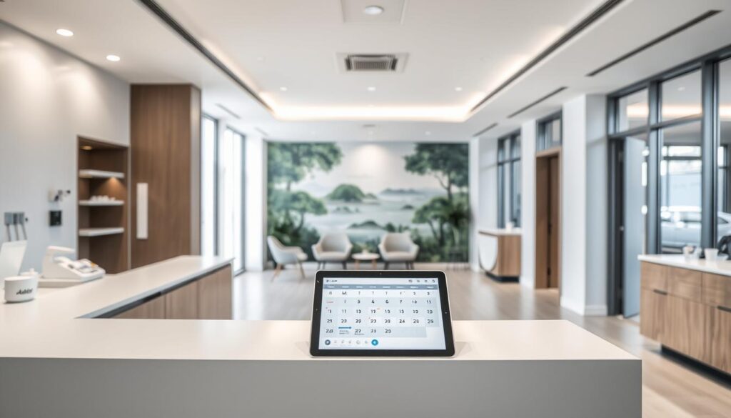 A modern dental clinic interior with sleek, minimalist design. In the foreground, a neatly organized reception desk with a digital appointment calendar displayed on a tablet. In the middle ground, comfortable waiting chairs and a calming, nature-inspired mural on the wall. The background features an open, airy layout with abundant natural light filtering through large windows, creating a soothing, relaxing atmosphere. The overall scene conveys a sense of efficiency, organization, and a patient-centric approach to scheduling and managing appointments.