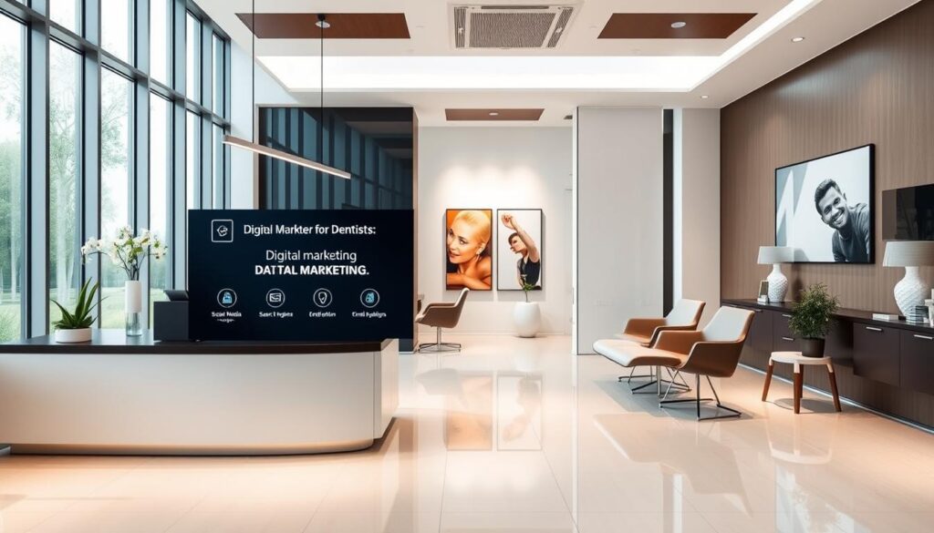 A modern dental clinic interior with sleek, minimalist design. The foreground features a stylish reception desk with a digital display showcasing various digital marketing strategies for dentists, such as social media, search engine optimization, and email campaigns. The middle ground showcases a waiting area with comfortable chairs and contemporary artwork, highlighting the clinic's attention to detail and patient experience. The background reveals floor-to-ceiling windows, allowing natural light to flood the space and create a warm, inviting atmosphere. The overall scene conveys a professional, tech-savvy dental practice committed to digital marketing to attract and retain patients.