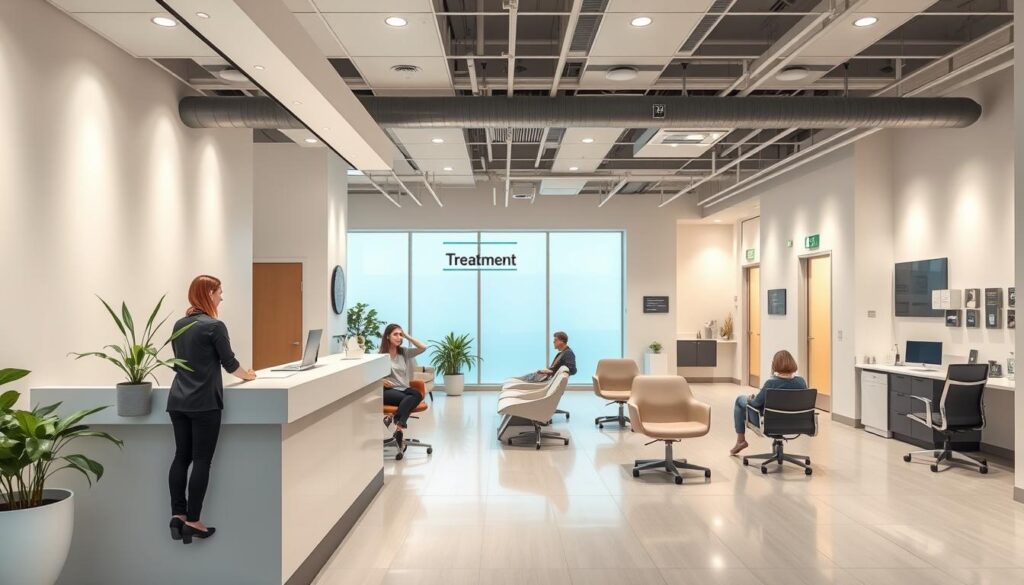 A modern dental clinic with a calm, efficient patient flow. In the foreground, patients check in at a minimalist reception desk, greeted by a friendly staff member. In the middle ground, patients wait comfortably in a well-lit lounge area, with ergonomic chairs and soothing plant life. The background features clean, white walls and discreet signage directing patients to treatment rooms. Soft, diffused lighting casts a warm glow, while large windows allow natural light to filter in. The overall atmosphere is one of professionalism, organization, and patient-centric care.