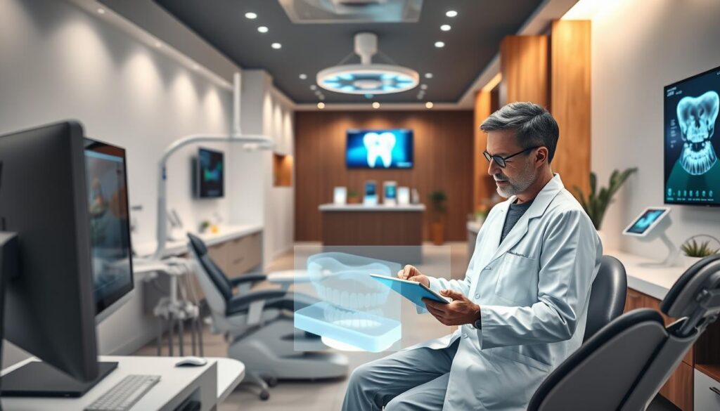 A modern dental clinic with a clean, minimalist aesthetic. The foreground features an array of digital tools and devices – a touch-screen computer, a high-tech dental chair, and a holographic projection of dental x-rays. In the middle ground, a dentist in a white lab coat carefully examines a patient's teeth on a tablet, utilizing the latest software and analytics. The background showcases a sleek, technologically-advanced reception area with automated check-in kiosks and a digital signage display. Soft, indirect lighting creates a calming, professional atmosphere, while warm wood accents and plants lend a touch of natural warmth. The overall scene conveys the seamless integration of cutting-edge technology and patient-centric care in a modern dental practice.