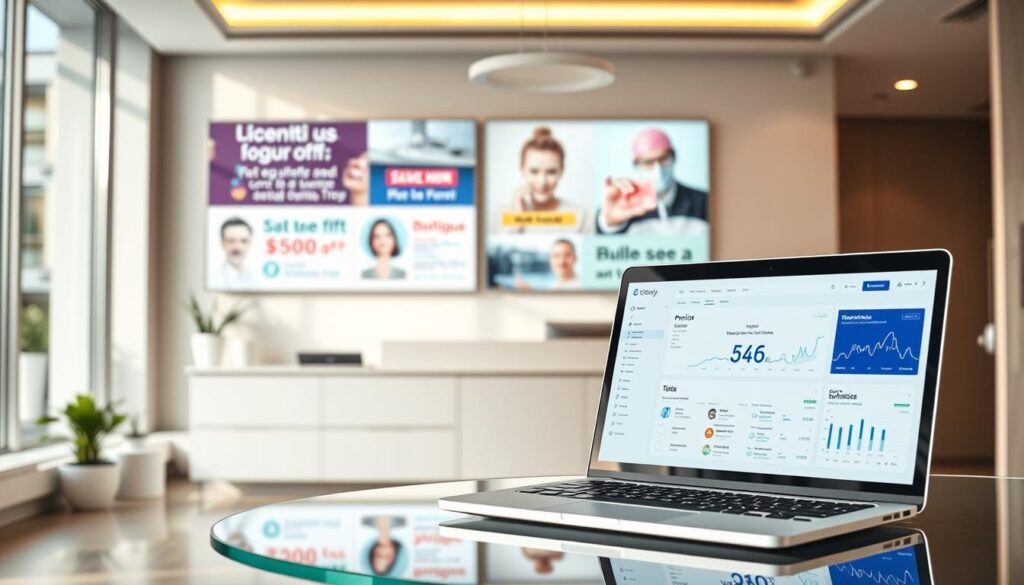 A modern dental clinic with a clean, minimalist aesthetic. The reception area features a large display screen showcasing various online ads and promotions. The screen shows colorful, eye-catching graphics highlighting the clinic's services, treatments, and special offers. In the foreground, a laptop on a sleek glass table displays an online ad campaign dashboard, with metrics and analytics. The background features warm, natural lighting filtering through large windows, creating a serene and professional atmosphere. The overall scene conveys a sense of digital engagement and a strong online presence for the dental practice.