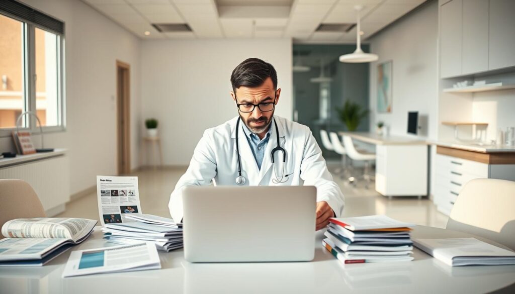 A modern dental clinic with a minimalist interior design. The foreground features various common marketing mistakes, such as outdated brochures, a poorly designed website on an old laptop, and disorganized paperwork. The middle ground showcases a worried dentist surrounded by these issues, trying to figure out how to improve the clinic's marketing strategy. The background depicts a serene, well-lit office with sleek furniture and equipment, hinting at the potential for effective, visually appealing dental marketing. Soft, natural lighting creates a calming atmosphere, while the color palette emphasizes professionalism and attention to detail.