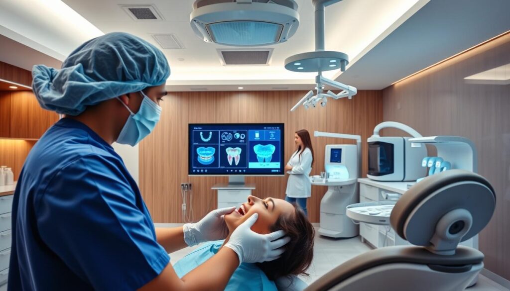 A modern dental clinic with a sleek, minimalist interior design. In the foreground, a dentist wearing surgical scrubs and a face mask examines a patient's teeth using advanced digital imaging technology. In the middle ground, a team of dental professionals collaborate on a treatment plan displayed on a large touchscreen monitor. The background features state-of-the-art dental equipment, including a 3D printer for custom dental appliances. The overall scene conveys a sense of innovation, efficiency, and patient-centric care.