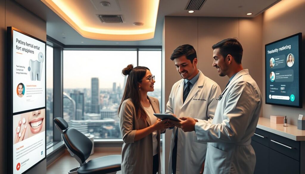 A modern dental clinic with a sleek, minimalist interior design. The walls are adorned with digital displays showcasing dental services, patient testimonials, and social media handles. In the foreground, a dentist dressed in a white lab coat stands next to a patient, discussing treatment options on a tablet. Warm, diffused lighting illuminates the scene, creating a welcoming and professional atmosphere. In the background, a large window offers a view of a bustling city skyline, emphasizing the clinic's urban, tech-savvy positioning. The overall composition conveys the integration of digital marketing strategies within the context of a high-quality, patient-centric dental practice.
