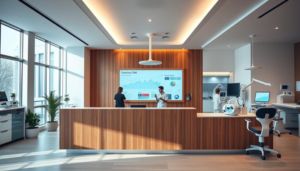 A modern dental clinic with a sleek, minimalist interior. In the foreground, a patient-centric reception desk with a warm, wood-paneled design. Behind it, an intuitive CRM dashboard displayed on a large touchscreen monitor, showcasing AI-powered patient data analytics and automated appointment scheduling. Ambient lighting creates a calming atmosphere, while large windows flood the space with natural light. In the middle ground, a team of dental professionals collaborating at workstations, leveraging the CRM system to provide personalized, data-driven care. The background features state-of-the-art dental equipment and high-tech medical devices, reflecting the clinic's commitment to cutting-edge technology. An atmosphere of innovation, efficiency, and patient-centric service pervades the scene.