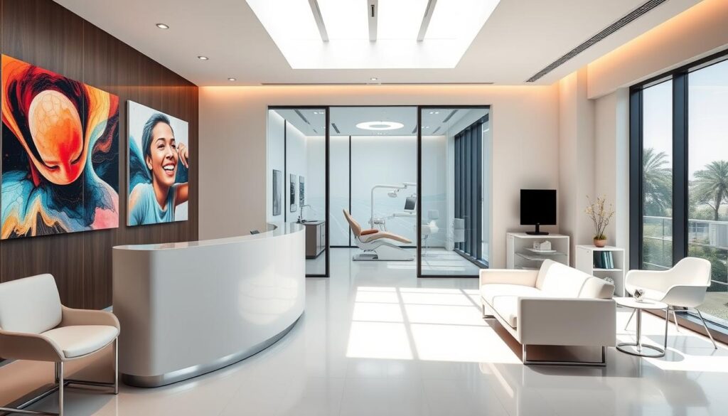 A modern dental clinic with a sleek, minimalist interior. The reception area features a large, curved glass desk and minimalist furniture in shades of white and gray. The walls are adorned with vibrant, abstract artworks that capture the essence of dental care and oral health. Natural light streams in through floor-to-ceiling windows, creating a warm and inviting atmosphere. In the background, a state-of-the-art dental operatory is visible, showcasing the clinic's commitment to cutting-edge technology and patient comfort. The overall ambiance is professional, sophisticated, and designed to make patients feel at ease and confident in the clinic's abilities to provide exceptional dental care.