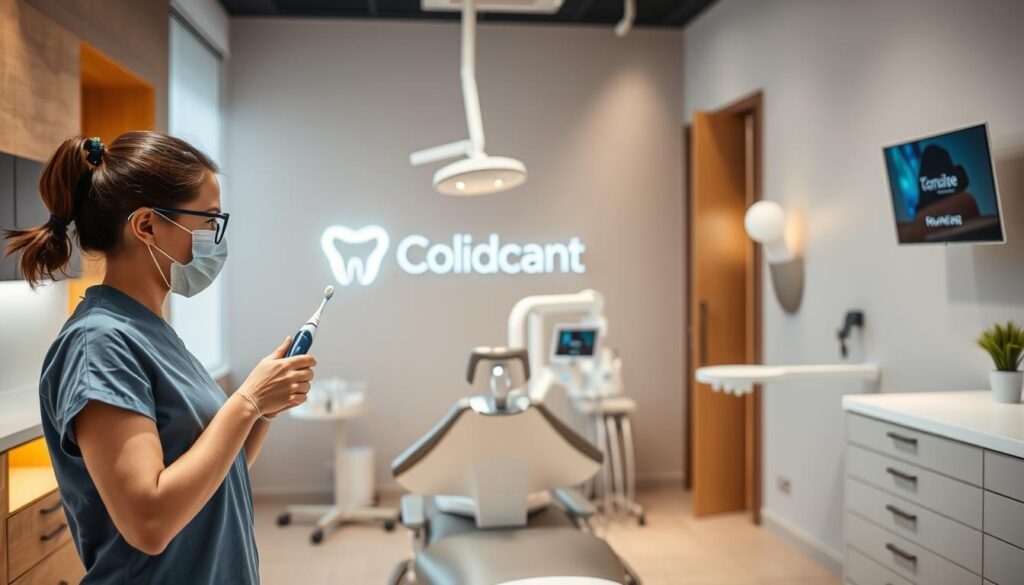 A modern dental clinic with a warm, inviting atmosphere. In the foreground, a dental hygienist demonstrates the use of a high-tech toothbrush to a patient, highlighting the clinic's commitment to state-of-the-art oral care. The middle ground showcases a sleek and ergonomic dental chair, surrounded by cutting-edge medical equipment. In the background, the clinic's branding is prominently displayed, showcasing a clean, minimalist design that conveys professionalism and attention to detail. The lighting is soft and natural, creating a calming and relaxing environment for patients. The overall scene captures the essence of a forward-thinking, patient-centric dental practice that prioritizes both clinical excellence and a positive customer experience.