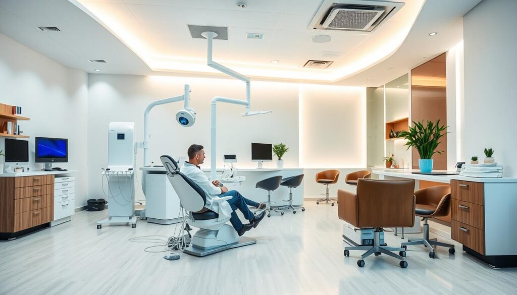 A modern dental clinic with a warm, inviting atmosphere. In the foreground, a dentist in a white coat and scrubs consults with a patient in a comfortable chair. The middle ground features an array of dental equipment and technology, including a digital X-ray machine and a state-of-the-art dental chair. The background showcases a stylish, well-lit reception area with sleek, contemporary furniture and decor. The lighting is soft and diffused, creating a calming, professional ambiance. The overall scene conveys the clinic's commitment to providing high-quality, patient-centered care, with a focus on the latest advancements in dental technology and a welcoming, customer-oriented approach.