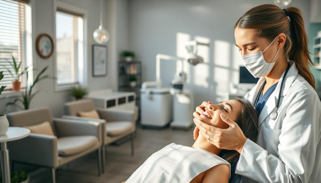 A modern dental clinic with a welcoming and professional atmosphere. In the foreground, a kind dentist in a white coat gently examines a patient, their warm expressions conveying empathy and care. The middle ground features a comfortable waiting area with plush chairs and calming decor, putting patients at ease. The background showcases the clinic's state-of-the-art equipment and technology, reflecting the high quality of service. Soft, natural lighting filters in, creating a serene and relaxing ambiance. The overall scene radiates a sense of trust, competence, and dedication to patient-centric care.