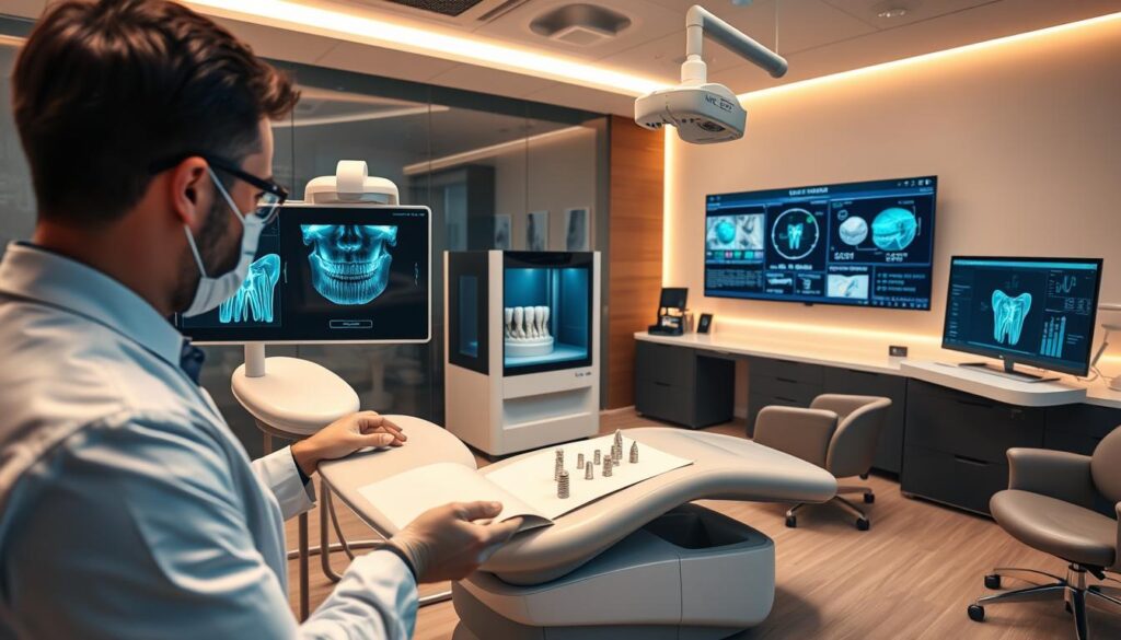 A modern dental clinic with advanced technologies. In the foreground, a dentist using a digital x-ray machine to analyze a patient's teeth. In the middle ground, a 3D printer churning out custom dental implants. In the background, a large monitor displaying real-time patient data and treatment plans. Warm lighting casts a calming glow, while sleek, minimalist furniture and equipment create a sophisticated, high-tech atmosphere. The overall scene conveys the seamless integration of cutting-edge technology into the practice of dentistry, enabling efficient, personalized, and data-driven patient care.