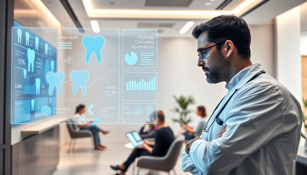 A modern dental clinic, with clean lines and sleek design, showcases a holographic display of dental health data. In the foreground, a dentist analyzes the information, their expression thoughtful as they consider the insights provided by the AI-powered marketing system. The middle ground features patients interacting with touchscreen interfaces, accessing personalized treatment plans and appointment scheduling. The background depicts a serene, minimalist waiting area, filled with natural light and soothing tones, creating a calming atmosphere. The overall scene conveys the seamless integration of artificial intelligence into the dental marketing experience, elevating patient engagement and optimizing clinic operations.
