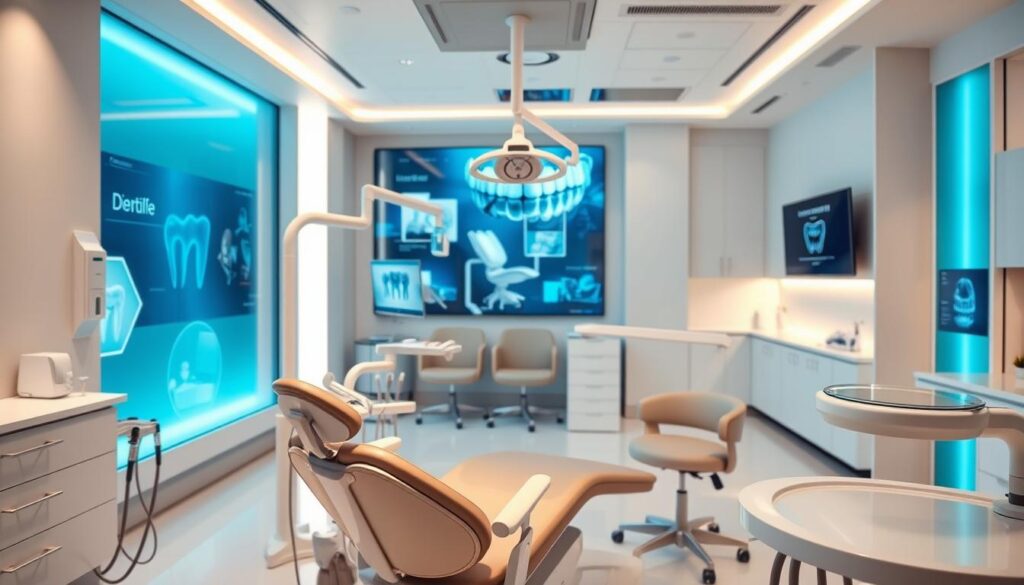 A modern dental clinic with clean, minimalist decor. In the foreground, a dentist's chair with advanced equipment and tools, bathed in warm, soft lighting. In the middle ground, a row of patient-friendly chairs and a state-of-the-art dental hygiene station. The background features sleek, high-tech displays showcasing the latest dental technologies and techniques. The overall atmosphere conveys a sense of professionalism, innovation, and patient-centric care, reflecting the cutting-edge trends in the field of dentistry.