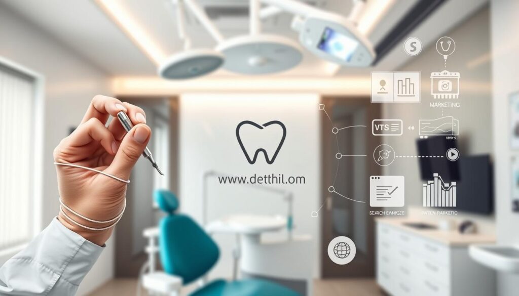 A modern dental clinic with sleek, minimalist decor. In the foreground, a dentist's hand holds a dental tool, conveying professionalism and expertise. The middle ground features branding elements like a logo and website URL, showcasing the clinic's digital marketing presence. The background depicts various marketing strategies such as social media icons, search engine optimization charts, and targeted ad campaigns. The lighting is bright and clean, highlighting the clinic's state-of-the-art technology and patient-centric approach. The overall composition conveys a harmonious blend of medical excellence and savvy digital marketing for a successful dental practice.