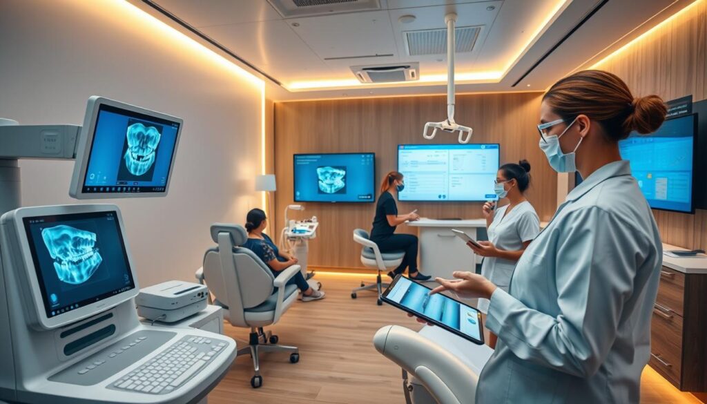 A modern dental clinic with sleek, minimalist interior design. In the foreground, a dentist uses a digital X-ray machine to examine a patient's teeth, the screen displaying a 3D image. In the middle ground, a dental hygienist operates a high-tech cleaning instrument, while patients wait in ergonomic chairs. The background features smart screens displaying patient records and appointment schedules, managed by a receptionist using a tablet. Warm, indirect lighting creates a calming atmosphere. The scene conveys the efficient, technology-driven nature of the clinic's operations.