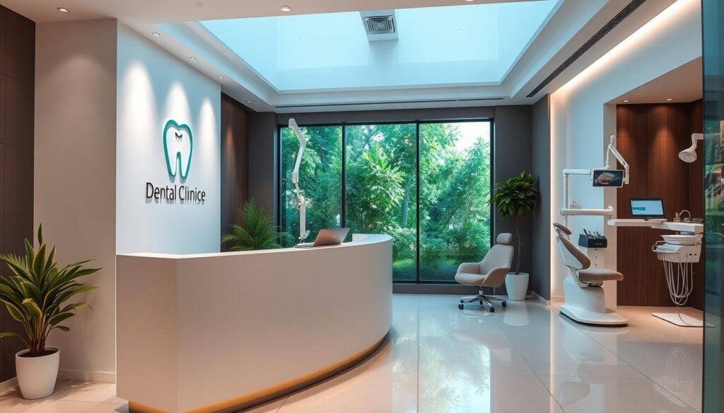 A modern dental clinic with sleek, minimalist interior design. The reception area features a clean, minimalist counter with a digital display showcasing clinic information. In the background, a large window offers a view of a lush, serene garden, bathing the space in natural light. The clinic's branding and logo are subtly integrated into the decor, conveying a sense of professionalism and attention to detail. The atmosphere is calm and welcoming, reflecting the clinic's commitment to patient-centric care. High-end dental equipment and tools are visible in the examination rooms, showcasing the clinic's state-of-the-art technology and expertise. The overall impression is one of an efficiently managed, patient-focused dental practice.