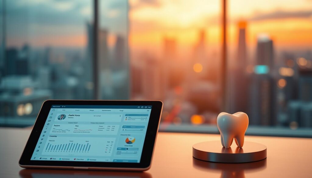 A modern dental management system with a sleek, minimalist interface. In the foreground, a tablet-like device displays detailed patient records and scheduling tools, bathed in warm, soft lighting. In the middle ground, a stylized 3D model of a tooth rotates, symbolizing the core dental focus. The background features a blurred, futuristic cityscape, hinting at the system's advanced capabilities and integration with the digital world. The overall atmosphere conveys a sense of efficiency, innovation, and patient-centric care, reflecting the article's "Dentalis: Crescimento e Inovação" theme.