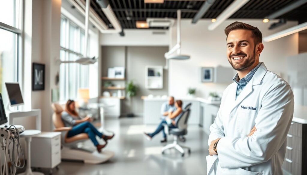 A modern dental office filled with state-of-the-art equipment and stylish decor. In the foreground, a dentist in a crisp white coat smiles warmly while speaking to a patient. In the middle ground, patients relax in comfortable chairs as a dental hygienist performs a cleaning. The background showcases a sleek reception area with a minimalist, inviting aesthetic. Soft, natural lighting from large windows illuminates the space, creating a calming, professional atmosphere. The overall scene conveys the high-quality, patient-centric approach of this dental practice's marketing strategy.