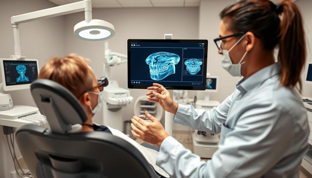 A modern dental office, filled with state-of-the-art technology. In the foreground, a dentist examines a patient's teeth using a high-resolution intraoral camera, the screen displaying a detailed 3D model. Surrounding the scene, a variety of cutting-edge instruments and devices - from digital X-ray machines to chairside CAD/CAM systems. The atmosphere is calm and professional, with muted tones and soft, diffused lighting creating a soothing ambiance. In the background, clean, minimalist décor and sleek, ergonomic furniture, reflecting the seamless integration of technology and healthcare. The overall impression is one of innovation, efficiency, and a commitment to patient-centric care.