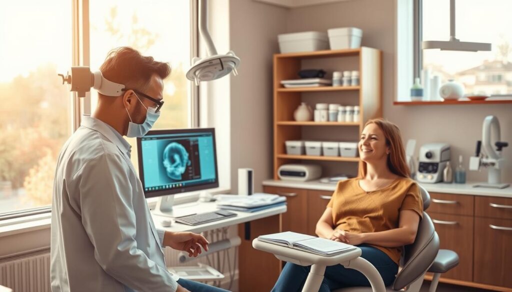 A modern dental office interior, bathed in warm, natural lighting from large windows. In the foreground, a dentist interacts with a patient, utilizing advanced digital equipment like an intraoral scanner and a touchscreen display. The middle ground showcases an organized workstation with a computer, various medical instruments, and neatly arranged documents. In the background, shelves hold medical supplies and state-of-the-art diagnostic tools, highlighting the integration of technology into the practice's daily operations. The overall atmosphere conveys a sense of efficiency, professionalism, and patient-centric care.