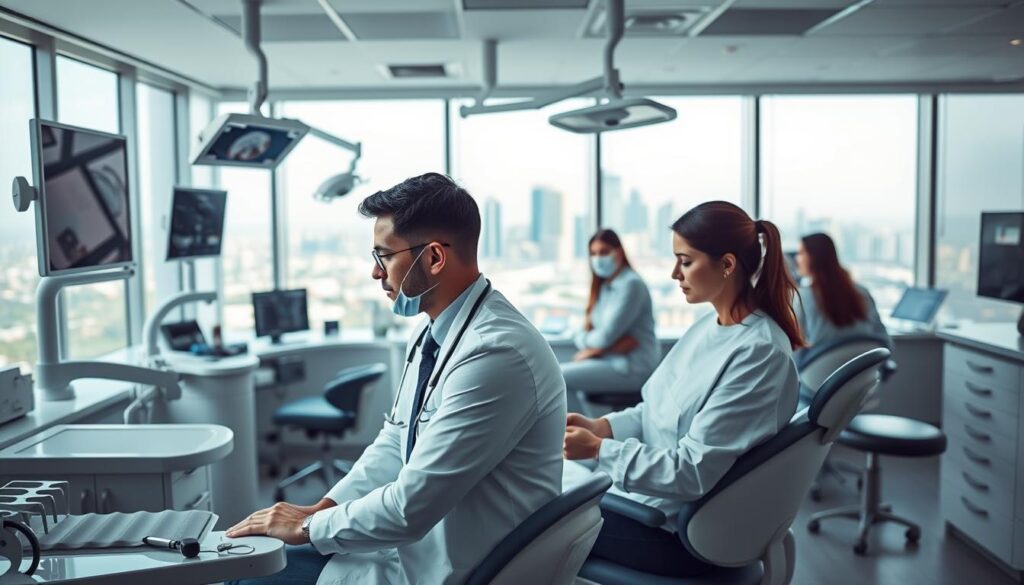 A modern dental office interior, filled with sleek, ergonomic equipment. In the foreground, a dentist consults with a patient, their faces expressing the challenges of managing a thriving practice. In the middle ground, a team of dental assistants navigate the complexities of patient records, scheduling, and inventory. The background showcases a panoramic view of the city skyline, hinting at the broader economic and regulatory pressures facing the dental industry. Soft, indirect lighting casts a contemplative mood, as the scene captures the multifaceted nature of dental practice management.