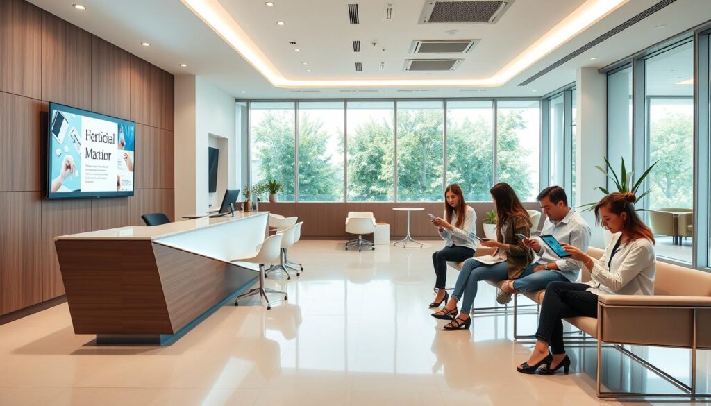 A modern dental office interior with a bright, minimalist design. The foreground features a stylish reception desk with a large screen displaying digital marketing content. In the middle ground, a group of patients using tablets and smartphones, exploring the clinic's online presence. The background showcases sleek, contemporary furnishings and floor-to-ceiling windows, allowing natural light to fill the space. The overall atmosphere conveys a sense of professionalism, technological integration, and a patient-centric approach to digital marketing in the dental industry.