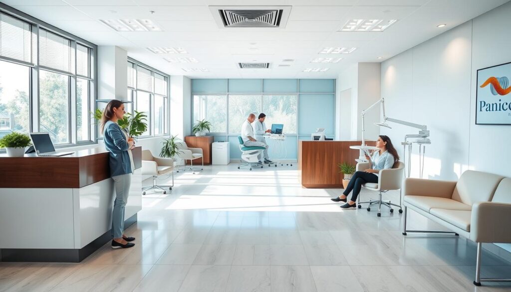 A modern dental office interior with a focus on clinical management and patient experience. The scene depicts a bright, spacious waiting area with comfortable seating, natural lighting from large windows, and a minimalist, contemporary design aesthetic. In the foreground, a receptionist interacts with a patient, showcasing the attentive and professional service. The middle ground features a consultation area with a clinician and patient discussing treatment options, emphasizing the clinical expertise and personalized care. The background reveals a well-equipped examination room, highlighting the advanced medical technology and attention to detail that characterizes effective dental practice management.