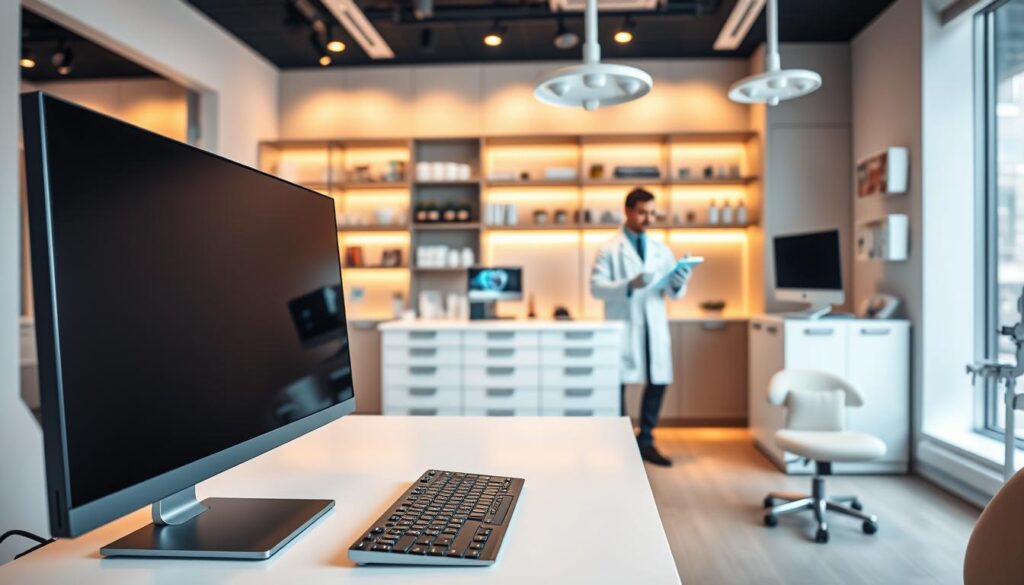 A modern dental office interior with clean, minimalist design. In the foreground, a sleek computer monitor and keyboard on a minimalist white desk. In the middle ground, a dentist conducting a consultation with a patient, demonstrating digital tools and displays. The background features shelves of dental equipment and supplies, with warm ambient lighting creating a calming, professional atmosphere. The overall scene conveys the integration of digital technology and innovative marketing strategies within the dental practice.