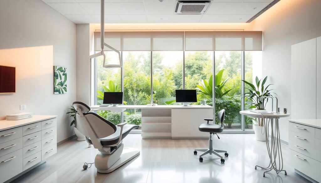 A modern dental office interior with clean, minimalist design. In the foreground, a sleek dental chair and equipment stands, bathed in warm, soft lighting. The middle ground features a reception desk with a minimalist computer setup and understated decor. In the background, large windows offer a view of a lush, verdant garden, creating a serene, relaxing atmosphere. The overall scene conveys professionalism, efficiency, and a patient-centric approach to dental care, reflecting the principles of effective dental practice management.