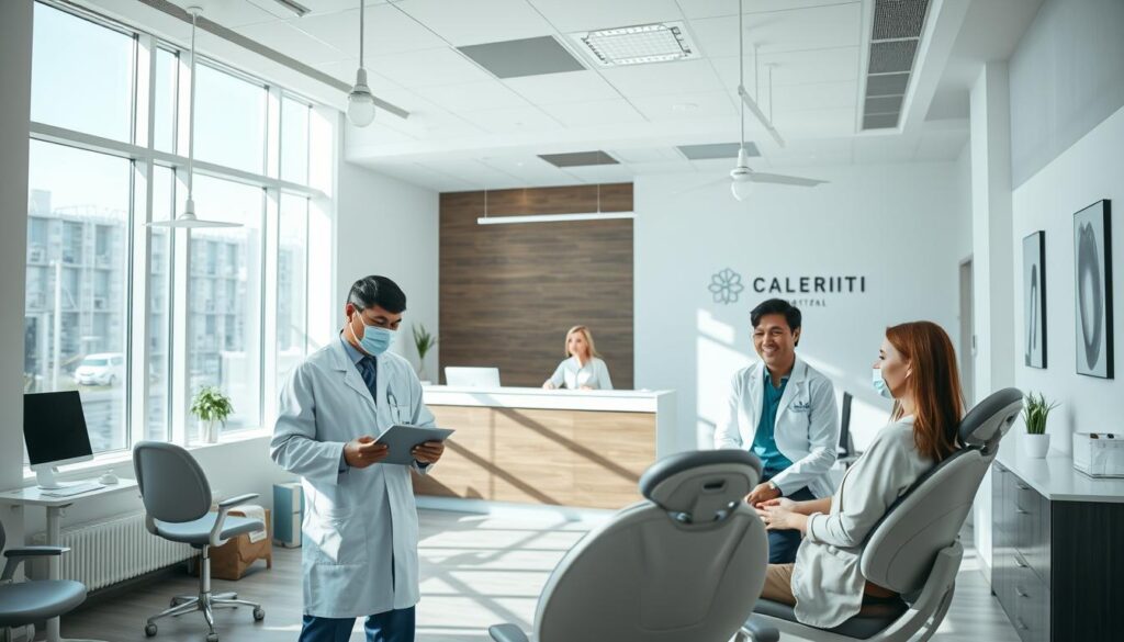 A modern dental office interior with natural lighting streaming through large windows. In the foreground, a dentist consults with a patient, explaining dental procedures on a tablet device. The middle ground features a reception desk with a friendly receptionist assisting a patient. The background showcases tasteful branding and signage, projecting a professional and welcoming atmosphere. The entire scene conveys a sense of clinical expertise, patient-centric care, and a commitment to effective dental marketing.
