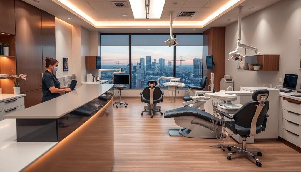 A modern dental office interior with sleek, minimalist furniture and warm lighting. In the foreground, a receptionist greets patients at the front desk, showcasing professional, yet approachable demeanor. The middle ground features a waiting area with comfortable chairs and a large window overlooking a picturesque cityscape. The background depicts various dental equipment and tools, conveying the clinic's focus on advanced, high-quality care. The overall atmosphere is clean, serene, and inviting, reflecting the practice's commitment to patient-centric marketing and personalized dental services.