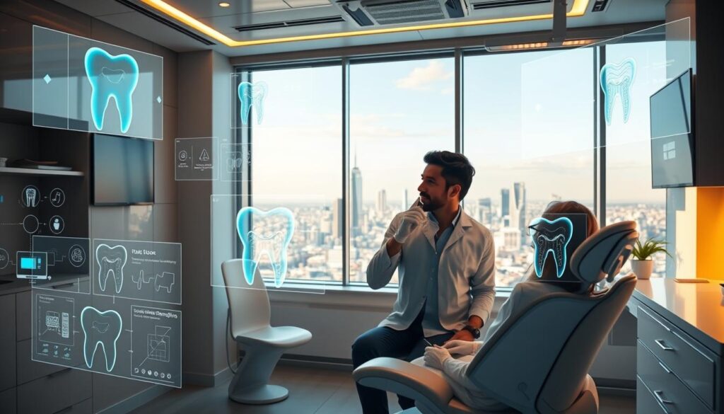 A modern dental office, its sleek design accentuated by warm lighting. In the foreground, a dentist consults with a patient, their interaction enhanced by holographic displays showcasing dental procedures and treatment plans. Floating diagrams and 3D models illustrate the latest AI-powered diagnostics, guiding the dentist's decisions. In the background, a panoramic window offers a view of a bustling city skyline, symbolizing the integration of cutting-edge technology with the art of dentistry. The scene conveys the future of intelligent, personalized dental marketing - a seamless blend of human expertise and AI-driven innovation.