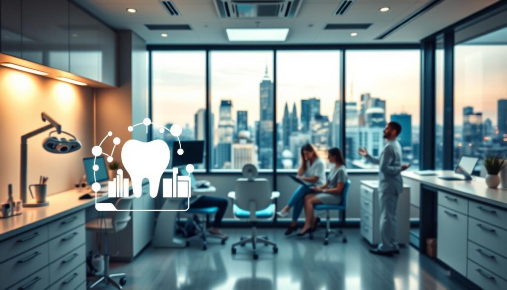 A modern dental office with a sleek, minimalist design. The foreground features a stylized digital marketing icon, such as a smartphone or laptop, against a backdrop of dental equipment and tools. The middle ground showcases a team of dental professionals engaged in various digital marketing activities, such as analyzing data, creating content, or managing social media platforms. The background depicts a bustling city skyline, conveying a sense of a thriving, digitally-savvy dental practice. The lighting is warm and inviting, creating a professional yet approachable atmosphere. The overall composition reflects the importance of embracing digital marketing strategies to promote and grow a successful dental practice.