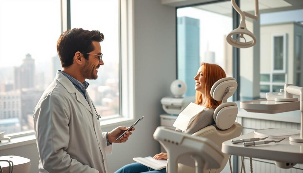 A modern dental office with clean, minimalist design elements. In the foreground, a dentist consults with a patient, their expressions conveying professionalism and care. The middle ground showcases various dental tools and equipment, all gleaming and meticulously organized. In the background, a large window overlooking a bustling city skyline, with natural light flooding the space and creating a warm, inviting atmosphere. The overall scene radiates a sense of excellence in dental care and a commitment to patient satisfaction.