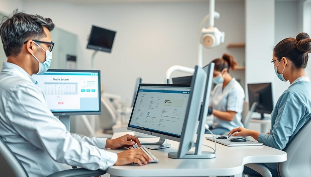 A modern dental office with ergonomic workstations, sleek computer monitors, and intuitive software interfaces. The foreground showcases a dentist efficiently managing patient records, scheduling, and billing through a comprehensive dental practice management system. In the middle ground, a dental hygienist utilizes the software to input treatment notes and order supplies, streamlining daily operations. The background depicts a well-organized, clean, and technologically-advanced dental clinic, highlighting the integration of cutting-edge dental software to enhance patient care and practice efficiency. Soft, natural lighting illuminates the scene, creating a calming and professional atmosphere.