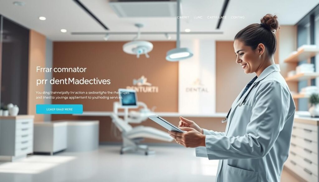 A modern digital marketing campaign for a dental clinic, featuring a clean, minimalist composition. In the foreground, a dentist in a white coat interacts with a patient on a tablet, showcasing cutting-edge technology. The middle ground depicts dental equipment and supplies, conveying professionalism and expertise. In the background, a sleek, contemporary clinic interior with tasteful branding elements, creating a sense of trust and high-quality care. Warm, natural lighting illuminates the scene, evoking a welcoming atmosphere. The overall aesthetic is refined, sophisticated, and designed to attract potential patients seeking advanced dental services.