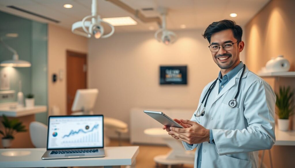 A modern digital marketing campaign for a dental clinic, featuring a friendly dentist, warm lighting, and a welcoming clinic interior. In the foreground, the dentist stands with a tablet, strategizing digital tactics to attract new patients. In the middle ground, a laptop and mobile device display analytics and online engagement. The background showcases the clinic's branding, with clean medical equipment and soothing decor creating a professional yet approachable atmosphere. Soft, directional lighting accentuates the clinic's modern, tech-savvy aesthetic, conveying how digital marketing can elevate a dental practice's visibility and patient base.