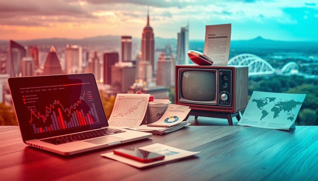 A modern digital marketing landscape contrasted with traditional marketing methods. In the foreground, a laptop, smartphone, and digital analytics charts, symbolizing the digital transformation. In the middle ground, classic print advertisements, direct mail pieces, and a retro television set, representing traditional marketing tactics. The background features a blend of urban cityscapes and natural landscapes, conveying the coexistence of old and new marketing approaches. Soft, warm lighting creates an inviting atmosphere, while a slight depth of field emphasizes the central focus. The overall composition highlights the juxtaposition between digital and traditional marketing strategies.