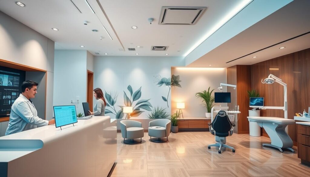 A modern, elegant dental office interior showcasing efficient practice management. In the foreground, a dentist and staff collaborate at a sleek, minimalist reception desk, digital screens displaying appointment schedules and patient records. In the middle ground, a vibrant waiting area with comfortable seating and soothing, nature-inspired decor, conveying a sense of calm professionalism. The background features a well-equipped dental operatory, state-of-the-art equipment, and warm, inviting lighting that creates a serene, patient-centric atmosphere. The overall scene reflects a harmonious balance of technology, organization, and a patient-first approach to dental healthcare management.