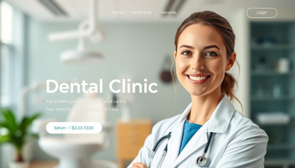 A modern, eye-catching dental clinic online advertisement featuring a clean, professional design. The foreground showcases an attractive, smiling dentist in a white lab coat, creating a welcoming and trustworthy impression. The middle ground highlights the clinic's name, services, and contact information in a sleek, minimalist layout. The background depicts a blurred, soothing dental office interior with calming tones and gentle lighting, conveying a sense of comfort and quality care. The overall mood is polished, inviting, and designed to capture the attention of potential patients browsing online.
