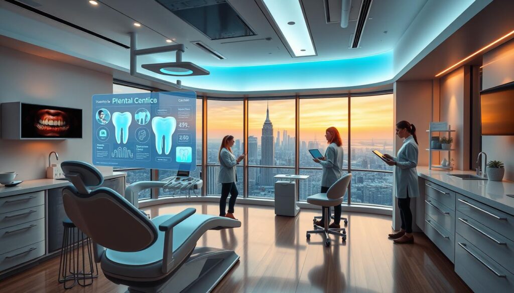 A modern, futuristic dental clinic with sleek, minimalist design. The foreground features a dentist's chair and equipment with a holographic patient display showcasing dental treatments and client information. In the middle ground, dental hygienists and staff utilize advanced technology like touchscreen interfaces and augmented reality to collaborate. The background depicts a panoramic city skyline visible through floor-to-ceiling windows, conveying a sense of progress and innovation. Warm, indirect lighting casts a calming, professional atmosphere. The overall scene illustrates the cutting-edge, tech-driven future of dental marketing and patient experience.