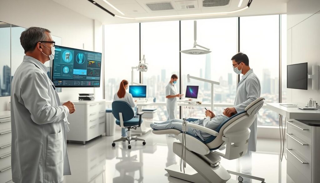 A modern, high-tech dental office with a sleek, minimalist design. In the foreground, a dentist wearing a smart white coat and safety glasses interacts with a patient on a reclined chair, using a holographic display and voice commands to access patient records and treatment plans. In the middle ground, dental assistants monitor advanced diagnostic equipment and prepare tools for the procedure. The background features clean, bright lighting, with panoramic windows overlooking a bustling city skyline, conveying a sense of innovation and progress. The entire scene radiates a calm, efficient atmosphere, reflecting the seamless integration of artificial intelligence into the dental healthcare experience.