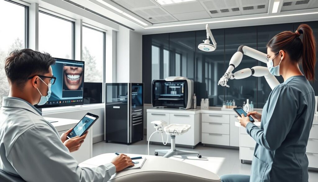 A modern, high-tech dental office with an array of sleek, cutting-edge equipment. In the foreground, a dentist examines a patient's teeth on a large, high-resolution display, while an assistant handles digital records on a tablet. The middle ground features a 3D printer producing custom dental devices, and a robotic arm preparing personalized medications. The background showcases a minimalist, ergonomic workspace with large windows letting in abundant natural light, creating a calming, efficient atmosphere. The overall scene conveys how technology seamlessly integrates with clinical practice, optimizing workflows and elevating the quality of patient care.