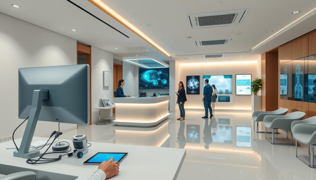 A modern medical clinic interior with sleek, minimalist design. In the foreground, a doctor's desk with a high-resolution computer monitor, a digital tablet, and various medical instruments. The middle ground features patients checking in at a futuristic reception counter, with holographic displays and smart tablets. The background showcases a spacious, well-lit waiting area with comfortable chairs and digital signage. Soft, warm lighting creates a calming atmosphere, while clean lines and muted colors reflect the clinic's efficient, technology-driven approach to patient care. The overall scene conveys a harmonious blend of advanced medical technology and a patient-centric, streamlined clinical experience.