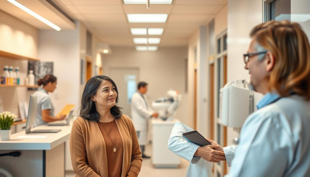 A modern medical office with a warm, welcoming atmosphere. In the foreground, a doctor and patient engaged in a thoughtful discussion, their expressions reflecting the care and attention of clinical management. The middle ground showcases efficient administrative processes, with a receptionist assisting patients seamlessly. In the background, state-of-the-art equipment and technologies suggest a commitment to delivering high-quality healthcare. Soft, diffused lighting casts a gentle glow, creating a sense of professionalism and comfort. The overall scene conveys the essence of clinical governance and patient-centric service delivery.