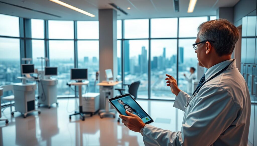 A modern medical office with sleek, minimalist decor. In the foreground, a doctor in a white coat is having a video call with a patient on a tablet. The middle ground features an array of medical equipment and diagnostic tools, creating a sense of technological advancement. The background showcases a panoramic view of a bustling city skyline through large windows, conveying the idea of accessibility and connectivity. The lighting is warm and inviting, creating a calming atmosphere. A subtle blue and gray color palette evokes professionalism and trust. The overall scene depicts the seamless integration of telemedicine into the healthcare landscape.